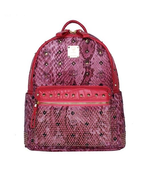 MCM Rivets Snakeskin Studded Leather Small Backpack In Red