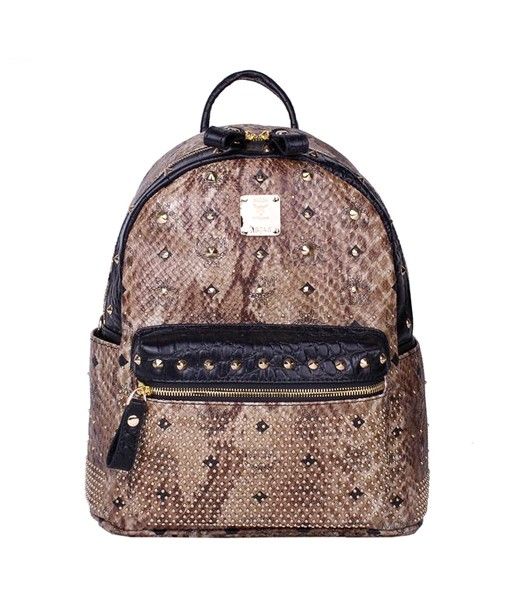 MCM Rivets Snakeskin Studded Leather Small Backpack In Tyrant Golden
