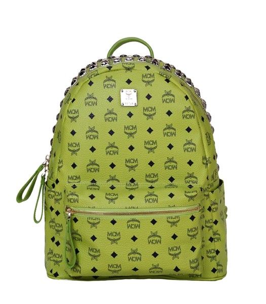 MCM Stark 3 Rows Studs Studded Medium Backpack Green Leather