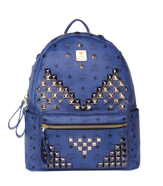 MCM Stark M Stud Meduim Backpack In Sapphire Blue Leather