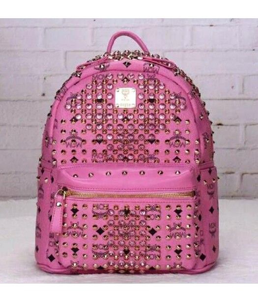 MCM Stark Special Crystal Studded Medium Backpack Pink Leather
