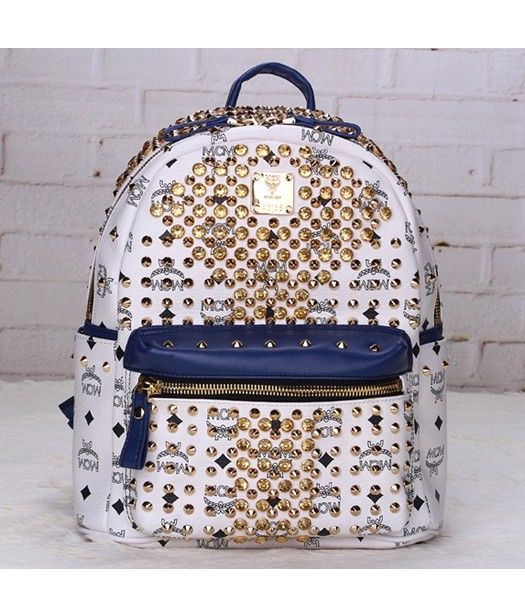 MCM Stark Special Crystal Studded Medium Backpack White Leather