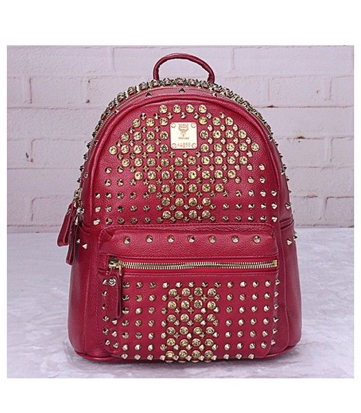 MCM Stark Special Crystal Studded Small Backpack Red Leather