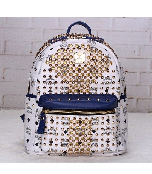 MCM Stark Special Crystal Studded Small Backpack White Leather