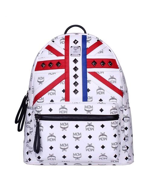 MCM Union Jack Flag Studded Leather Medium Backpack White