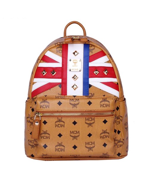 MCM Union Jack Flag Studded Leather Small Backpack Earth Yellow