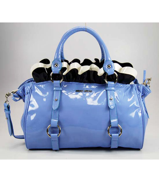 Miu Miu Blue Patent Leather Ruffle Tote Bag Blue