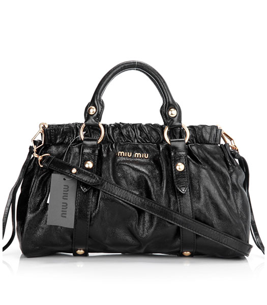 Miu Miu Bow Embellished Imported Oil Wax Calfskin Handbag Black