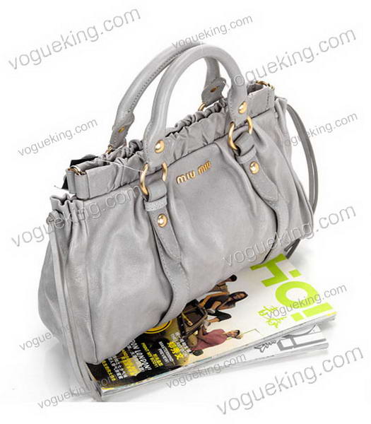 Miu Miu Bow Embellished Imported Oil Wax Calfskin Handbag Light Grey-5