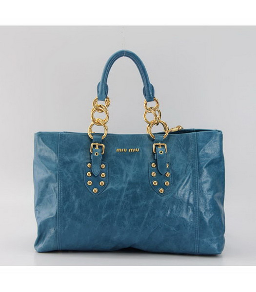 Miu Miu Chain Link Shiny Leather Shopper Tote Bag in Sky Blue