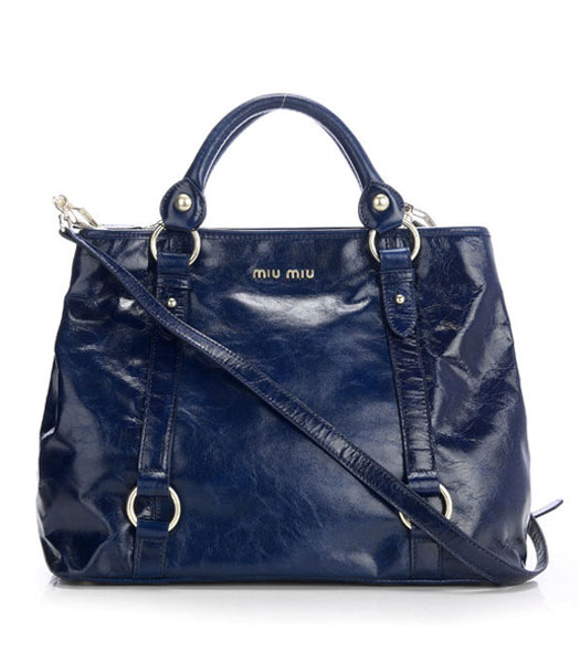 Miu Miu Dark Blue Oil Wax Calfskin Leather Top Handle Bag