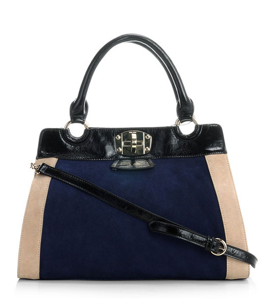Miu Miu Dark Blue Suede With Black Oil Wax Leather Top Handle Bag