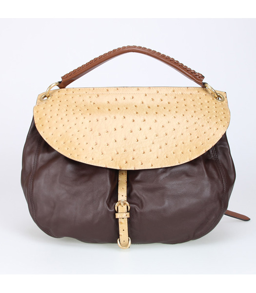 Miu Miu Dark Coffee Soft Leather with Apricot Ostrich Veins Tote Handbag