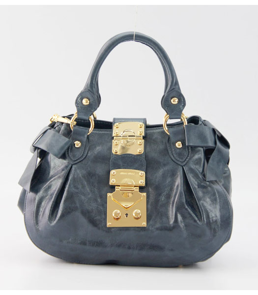 Miu Miu Horse Oil Leather Shoulder Tote Bag in Dark Blue