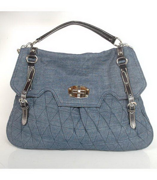 Miu Miu Large Denim Tote Handbag with Coffee Leather