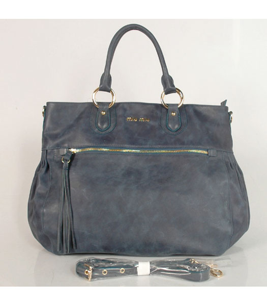 Miu Miu Large Suede Shopping Bag Blue Oil Leather