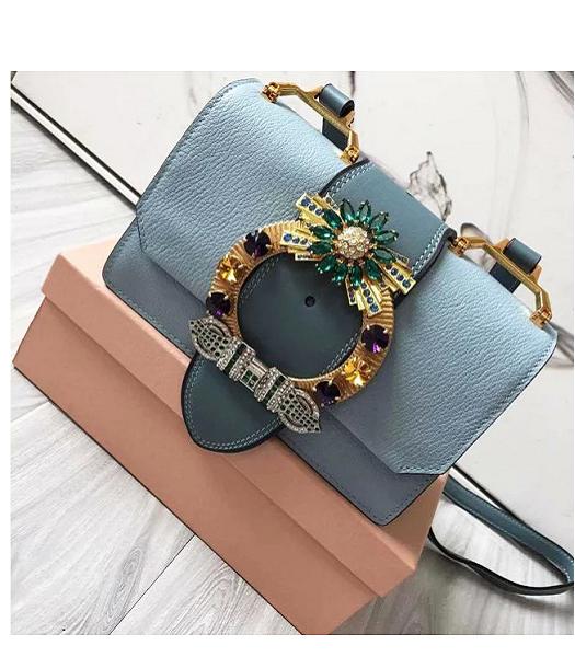 Miu Miu Light Blue Original Leather Colorful Diamonds 22cm Shoulder Bag