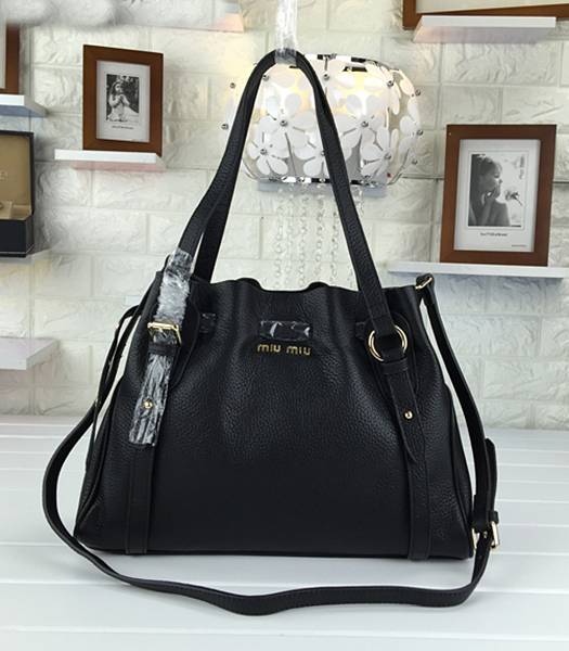 Miu Miu Litchi Veins Black Leather Shoulder Bag