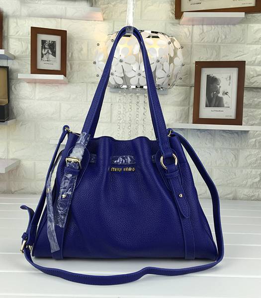 Miu Miu Litchi Veins Sapphire Blue Leather Shoulder Bag