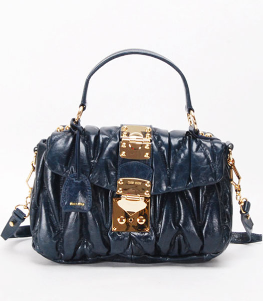 Miu Miu Medium Tote Handbags Dark Blue Oil Leather
