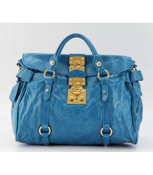 Miu Miu Sky Blue Horse Oil Leather Shoulder Tote Bag