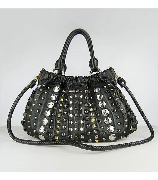 Miu Miu Studded Shoulder Tote PM Handbag Black