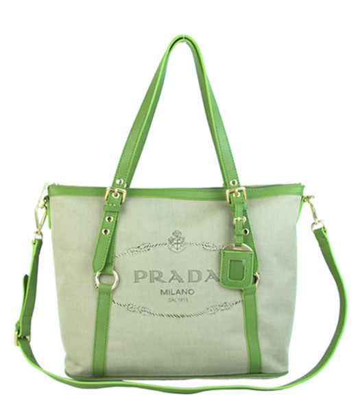 Prada Apricot Canvas with Green Leather Bag
