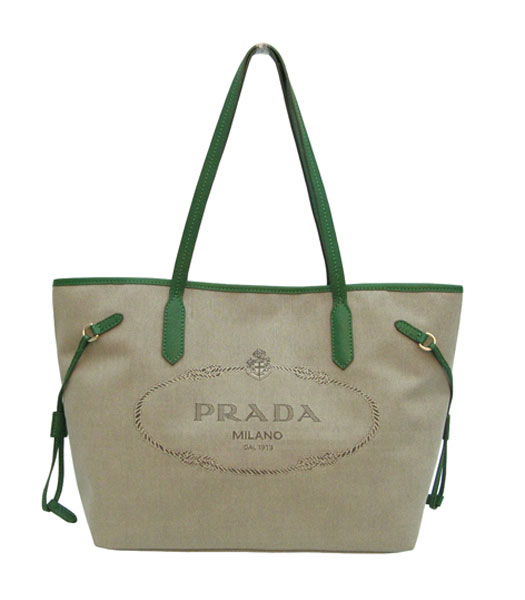 Prada Apricot Canvas with Green Leather Tote Bag