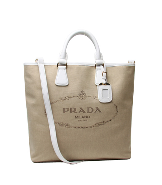 Prada Apricot Canvas With Offwhite Leather Tote Bag