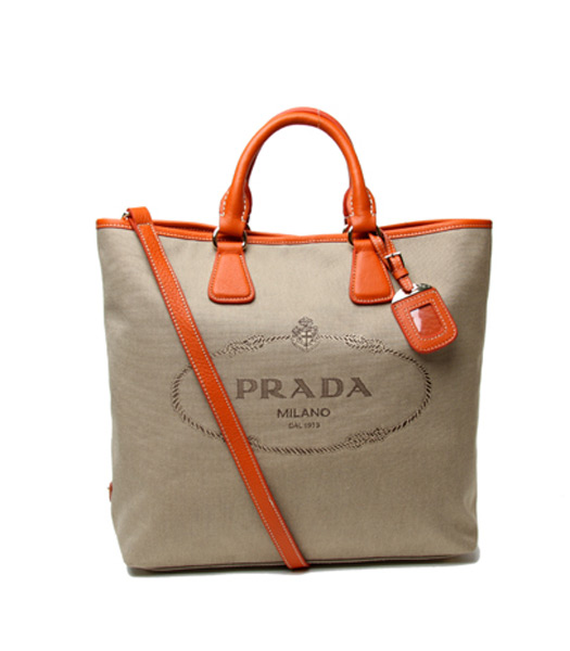 Prada Apricot Canvas With Orange Leather Tote Bag