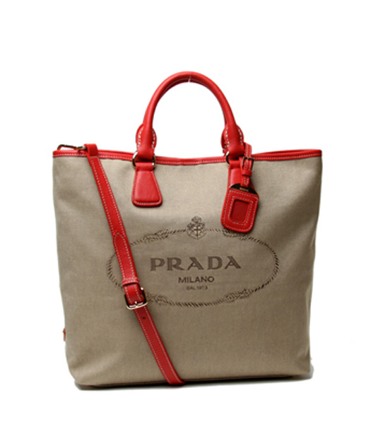 Prada Apricot Canvas With Red Leather Tote Bag