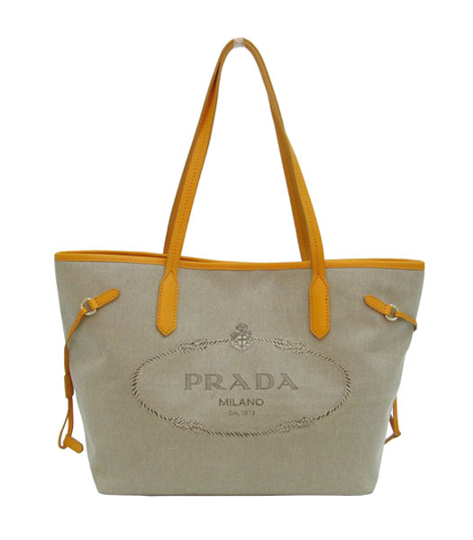 Prada Apricot Canvas with Yellow Leather Tote Bag