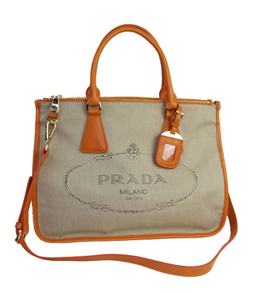 Prada Apricot Fabric With Orange Leather Medium Tote Handbag
