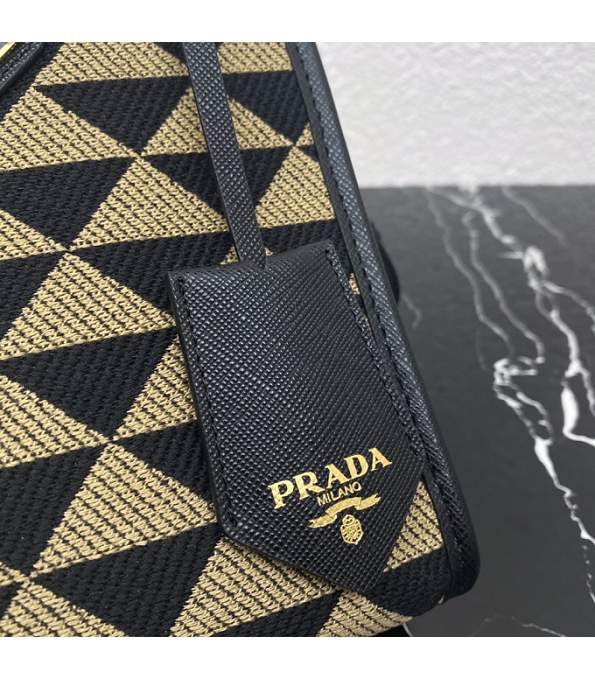 Prada Apricot Symbole Jacquard Fabric With Black Original Leather Small Tote Bag-5