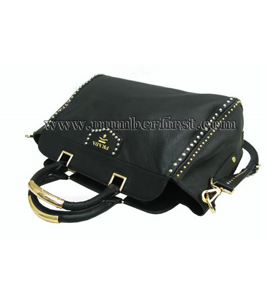 Prada Black Leather Tote Shoulder Bag-4