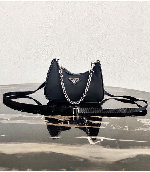Prada Black Nylon With Original Leather Mini Hobo Bag