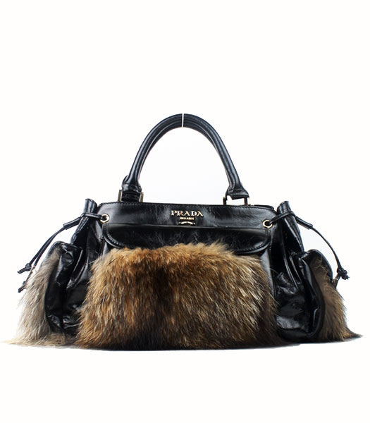 Prada Black Oil Wax Leather With Raccoon Dog Fur Handbag