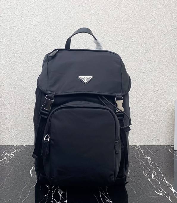 Prada Black Original Re-Nylon With White Calfskin Silver Logo Small Backpack