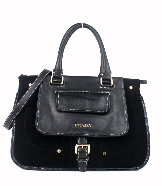 Prada Black Suede And Napa Leather Top Handle Bag