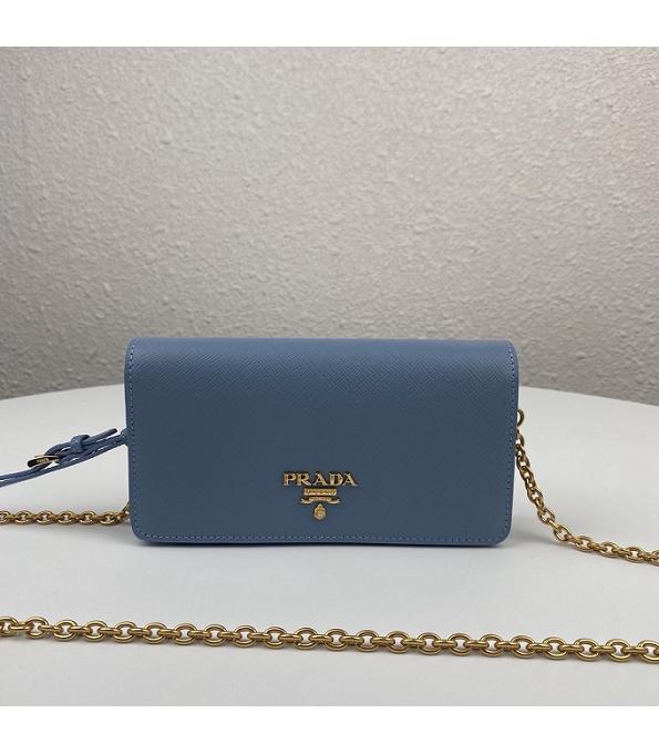 Prada Blue Original Saffiano Cross Veins Calfskin Mini Bag Golden Chain With Checking IC Chip