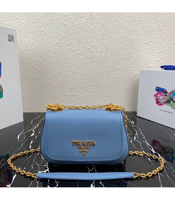 Prada Blue Original Saffiano Cross Veins Leather Golden Chain Shoulder Bag