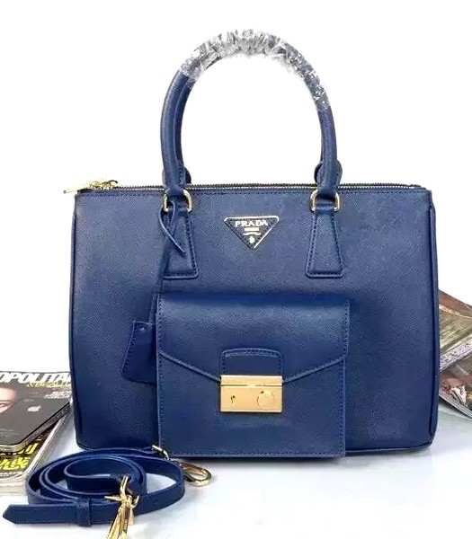Prada BN2674 Caramel Saffiano Lux Cow Leather Pocket Handbag Blue
