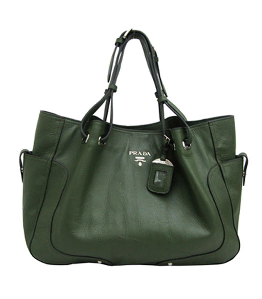 Prada Calfskin Leather Shoulder Handbag Grey Green