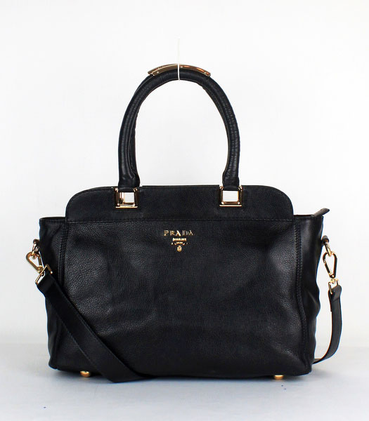 Prada Calfskin Leather Tote Bag Black with Golden Handle