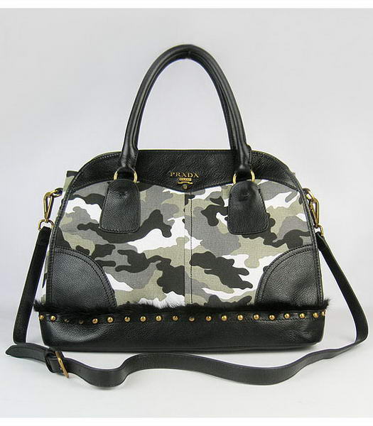 Prada Camouflage Canvas Bowler Bag with Black Leather