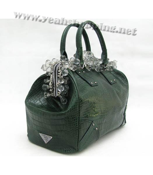 Prada Croc Veins Leather Handbag with Crystal Trim Green-1