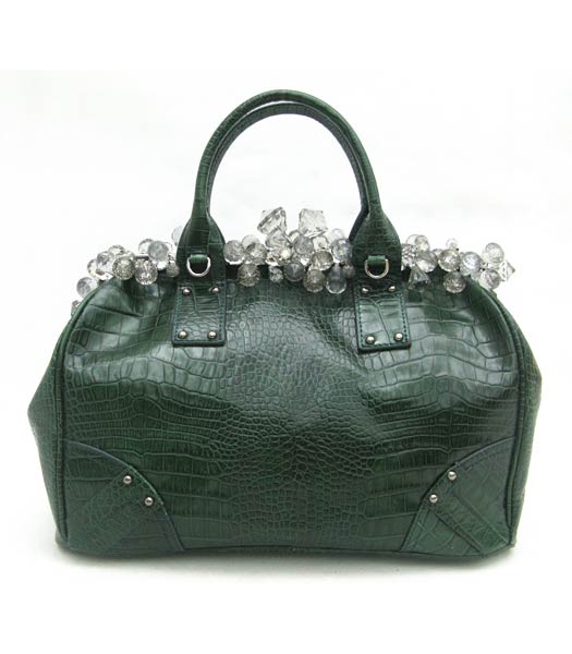 Prada Croc Veins Leather Handbag with Crystal Trim Green