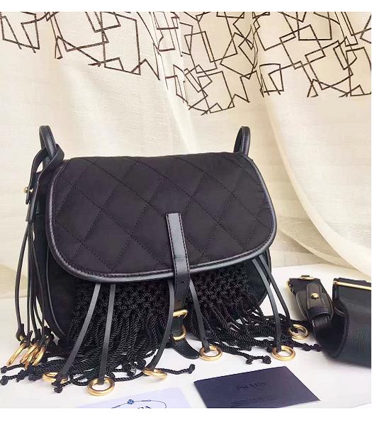Prada Cross Veins Quilted Original Leather Fringed Bag Black