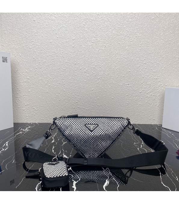 Prada Crystal Studded Satin With Black Original Leather Triangle Shoulder Bag
