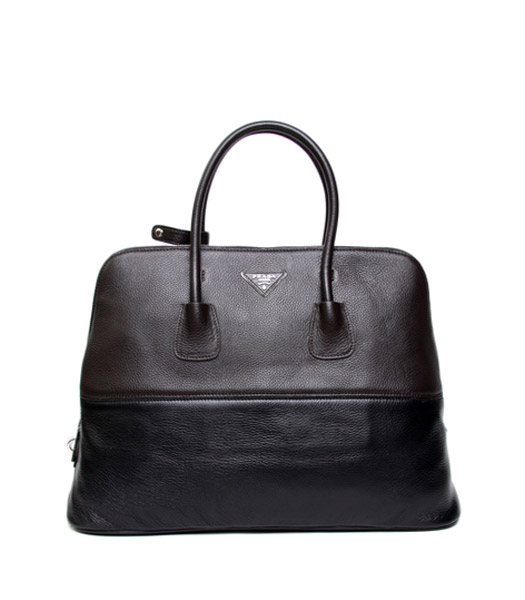 Prada Dark Coffee/Black Leather Large Top-Handle Bag